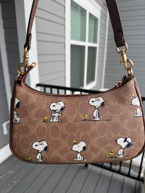 Coach x Peanuts Teri Shoulder Bag CBJ88 – Snoopy Tan Brown Signature Canvas Handbag