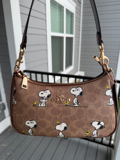 Coach x Peanuts Teri Shoulder Bag CBJ88 – Snoopy Tan Brown Signature Canvas Handbag
